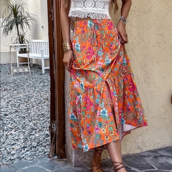 Boho Orange Floral Print Maxi Skirt - Picture 3 of 7